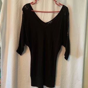 Black deep V neck sweater, front and back.
